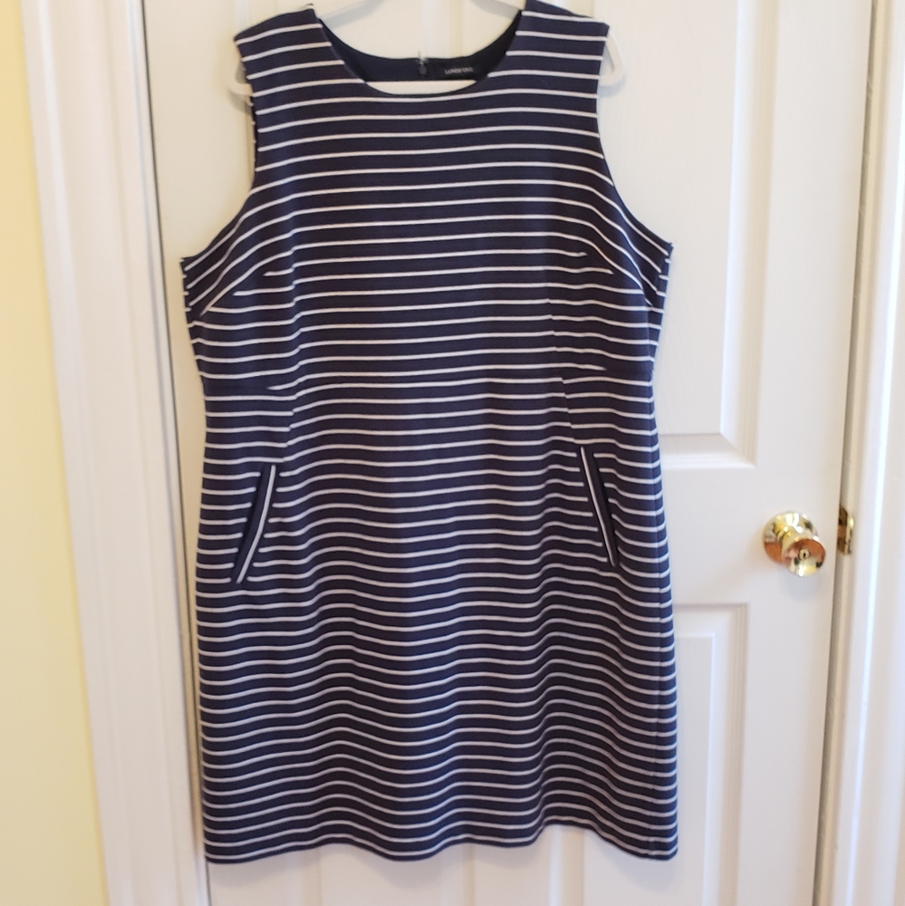Lands' End Navy Blue & White striped sleeveless dress in 22W